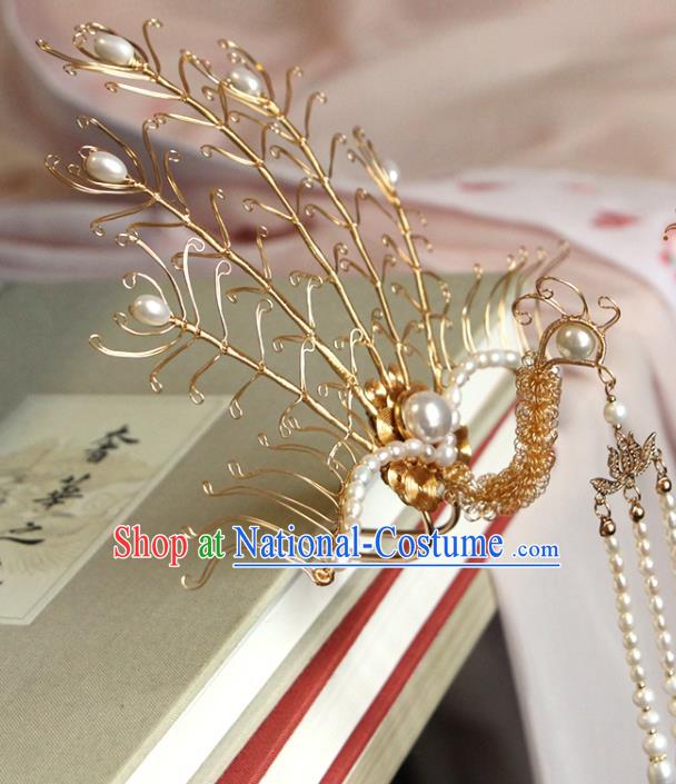 China Ancient Empress Golden Phoenix Hairpin Traditional Hanfu Hair Accessories Ming Dynasty Pearls Tassel Hair Stick