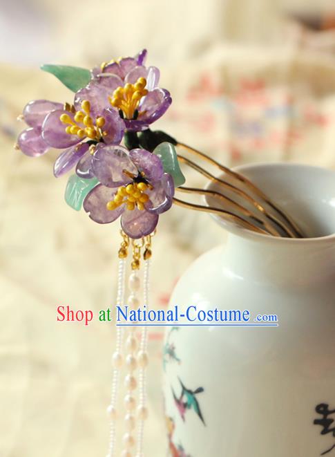 China Ancient Princess Amethyst Peach Blossom Hairpin Traditional Hanfu Hair Accessories Song Dynasty Pearls Tassel Hair Comb