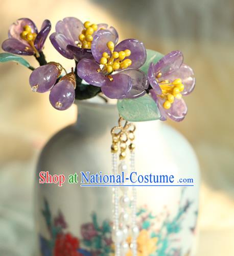 China Ancient Princess Amethyst Peach Blossom Hairpin Traditional Hanfu Hair Accessories Song Dynasty Pearls Tassel Hair Comb