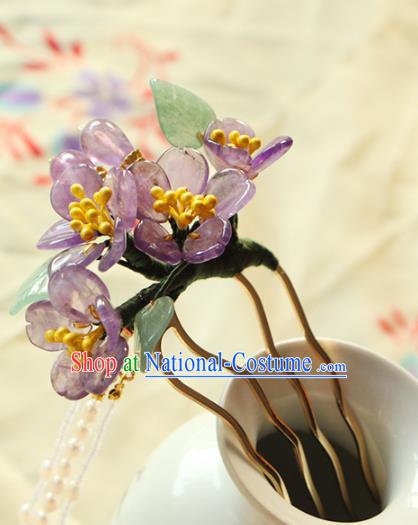 China Ancient Princess Amethyst Peach Blossom Hairpin Traditional Hanfu Hair Accessories Song Dynasty Pearls Tassel Hair Comb