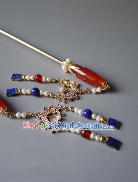 Chinese Ancient Court Woman Agate Hairpin Hair Accessories Traditional Ming Dynasty Empress Pearls Tassel Hair Stick