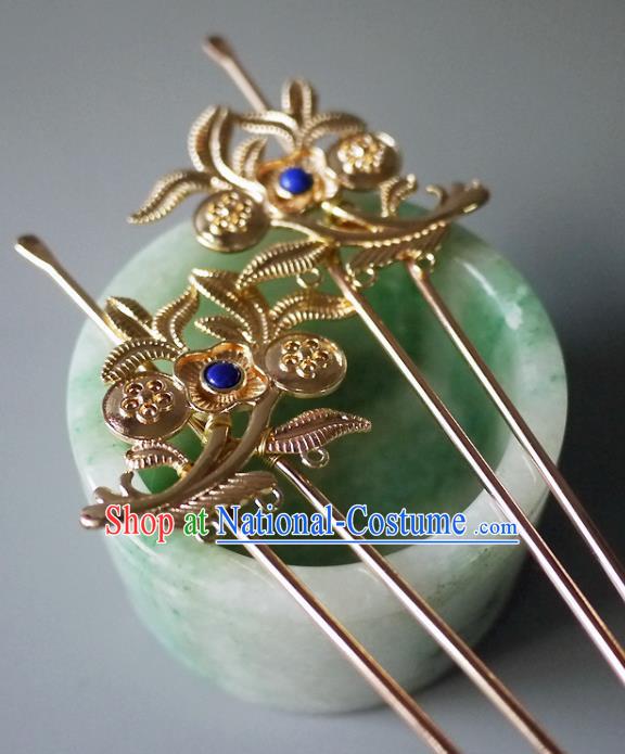 Chinese Ancient Noble Lady Lapis Hairpin Hair Accessories Traditional Song Dynasty Princess Golden Hair Stick