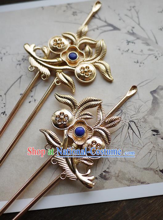 Chinese Ancient Noble Lady Lapis Hairpin Hair Accessories Traditional Song Dynasty Princess Golden Hair Stick