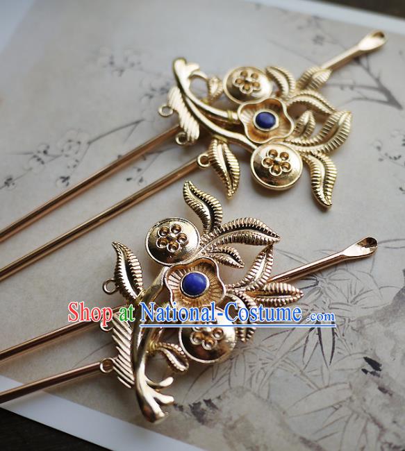 Chinese Ancient Noble Lady Lapis Hairpin Hair Accessories Traditional Song Dynasty Princess Golden Hair Stick