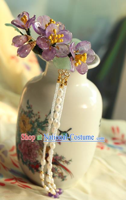 China Ancient Princess Amethyst Peach Blossom Hairpin Traditional Hanfu Hair Accessories Song Dynasty Pearls Tassel Hair Comb