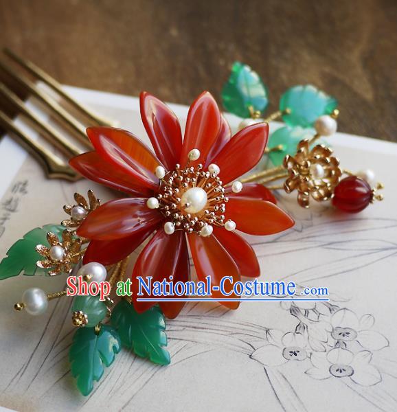 Chinese Ancient Imperial Concubine Hairpin Hair Accessories Traditional Qing Dynasty Agate Chrysanthemum Hair Comb