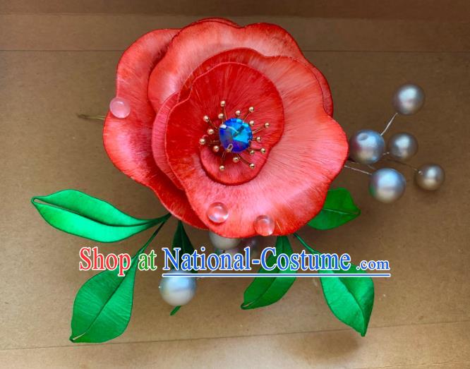 China Ancient Court Lady Hairpin Traditional Hanfu Hair Accessories Tang Dynasty Princess Red Camellia Hair Stick