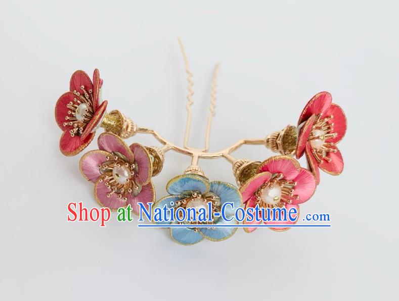 China Ancient Princess Pearls Hairpin Traditional Hanfu Hair Accessories Song Dynasty Silk Plum Hair Crown