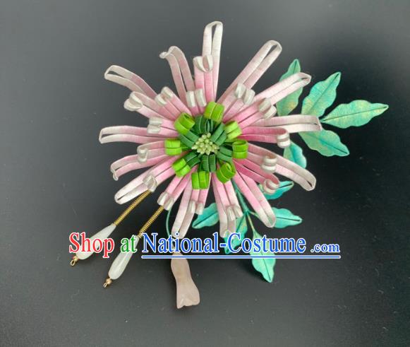 China Ancient Handmade Pink Silk Chrysanthemum Hairpin Traditional Hanfu Hair Accessories Song Dynasty Imperial Concubine Hair Stick