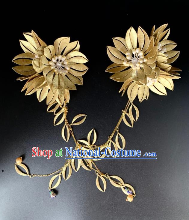 China Handmade Golden Silk Chrysanthemum Hairpin Traditional Hanfu Hair Accessories Ancient Song Dynasty Princess Hair Claw