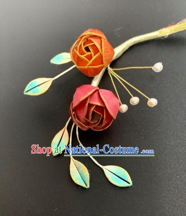 China Handmade Silk Rose Hairpin Traditional Hanfu Hair Accessories Ancient Song Dynasty Young Lady Hair Stick