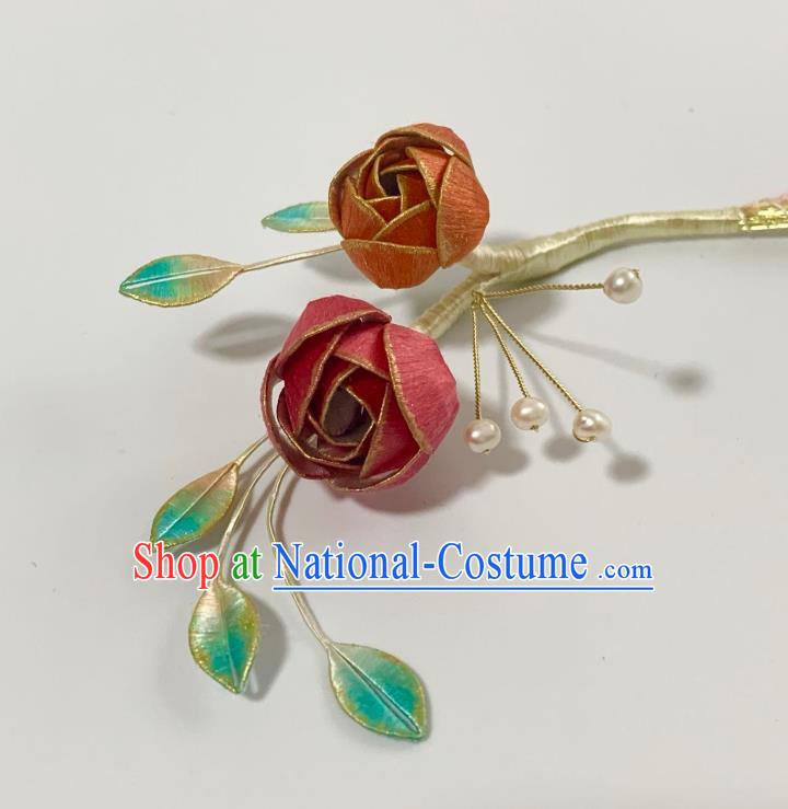 China Handmade Silk Rose Hairpin Traditional Hanfu Hair Accessories Ancient Song Dynasty Young Lady Hair Stick