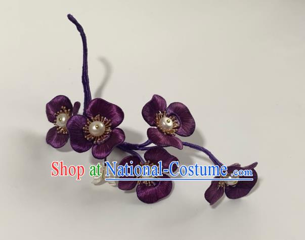 China Handmade Purple Silk Phalaenopsis Hairpin Traditional Hanfu Hair Accessories Ancient Song Dynasty Pearls Shell Butterfly Hair Stick