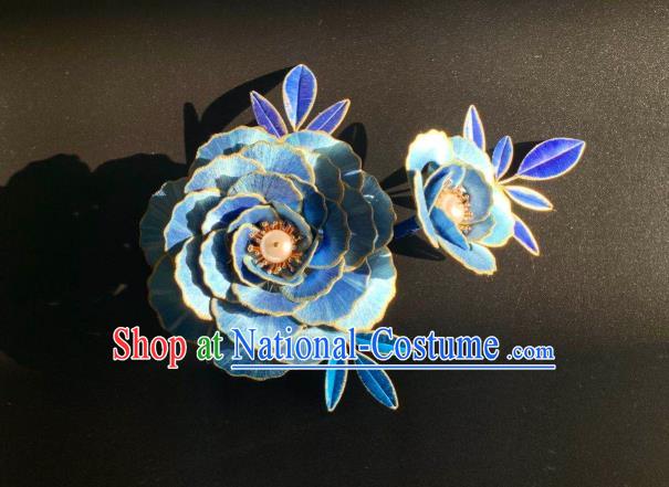 China Traditional Hanfu Hair Accessories Ancient Tang Dynasty Court Beauty Hair Comb Handmade Blue Silk Peony Hairpin