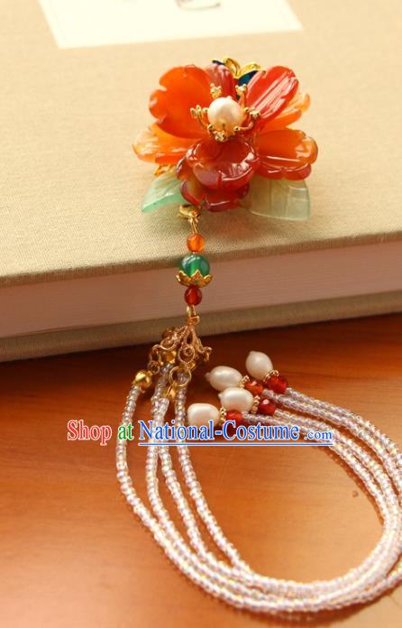 China Ancient Princess Agate Peony Hairpin Traditional Hanfu Hair Accessories Ming Dynasty Beads Tassel Hair Claw