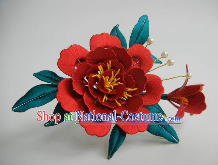 China Handmade Red Peony Hairpin Traditional Hanfu Hair Accessories Ancient Song Dynasty Court Lady Hair Comb