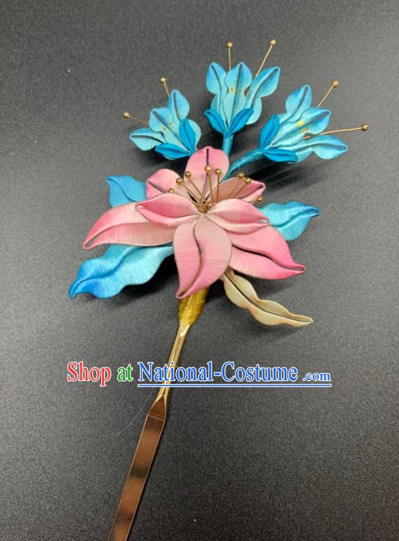 China Handmade Silk Lotus Hairpin Traditional Hanfu Hair Accessories Ancient Ming Dynasty Palace Lady Hair Stick