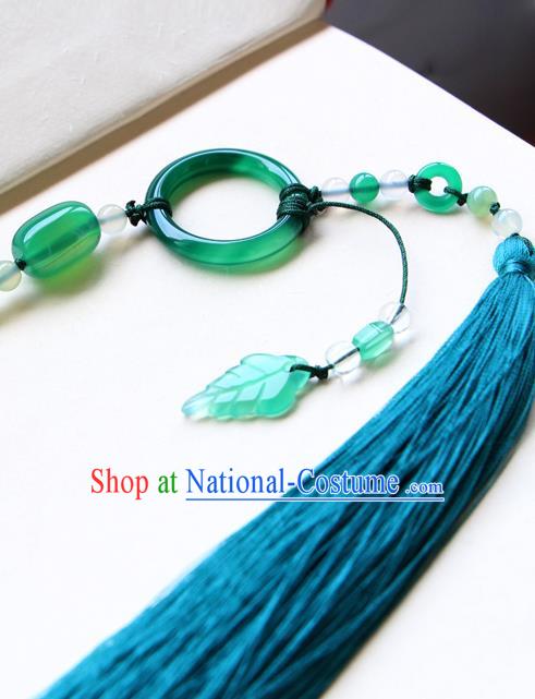 Chinese Traditional Hanfu Blue Tassel Belt Pendant Ancient Swordsman Jade Waist Accessories