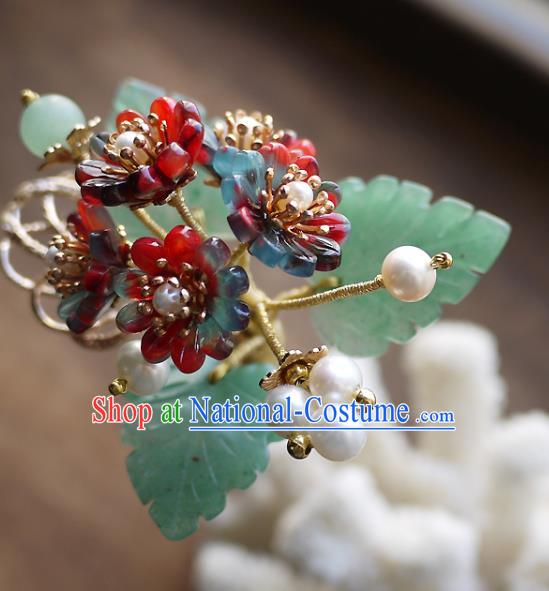 Chinese Ancient Court Beauty Jade Leaf Hairpin Hair Accessories Traditional Ming Dynasty Flowers Hair Stick