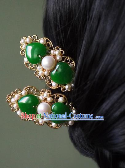 Chinese Ancient Noble Woman Jade Hairpin Hair Accessories Traditional Ming Dynasty Pearls Hair Stick