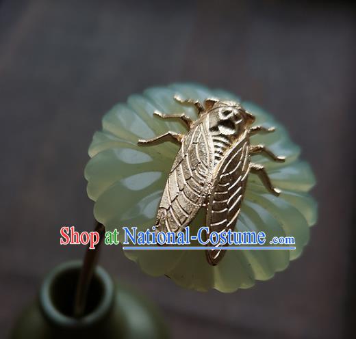 Chinese Ancient Princess Golden Cicada Hairpin Hair Accessories Traditional Song Dynasty Jade Flower Hair Stick