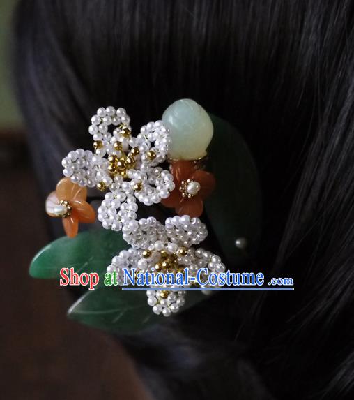 Chinese Ancient Imperial Concubine Jade Hairpin Hair Accessories Traditional Qing Dynasty Pearls Peach Blossom Hair Stick