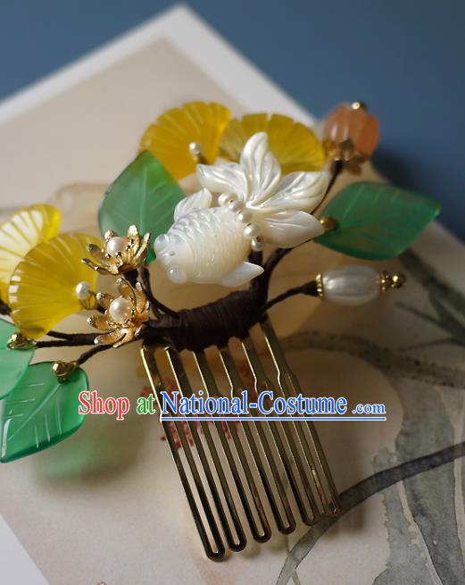 Chinese Ancient Princess Jade Ginkgo Leaf Hairpin Hair Accessories Traditional Song Dynasty Shell Goldfish Hair Comb