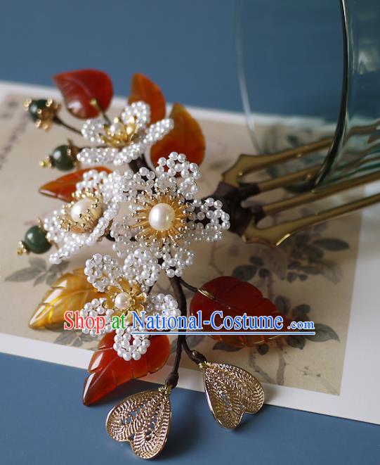 Chinese Ancient Court Beauty Pearls Flowers Hairpin Hair Accessories Traditional Song Dynasty Agate Leaf Hair Comb