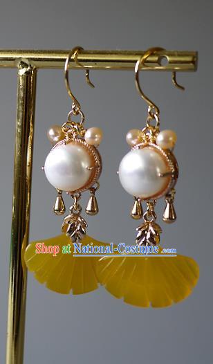 Chinese Ancient Princess Topaz Ginkgo Leaf Ear Accessories Traditional Qing Dynasty Pearls Earrings