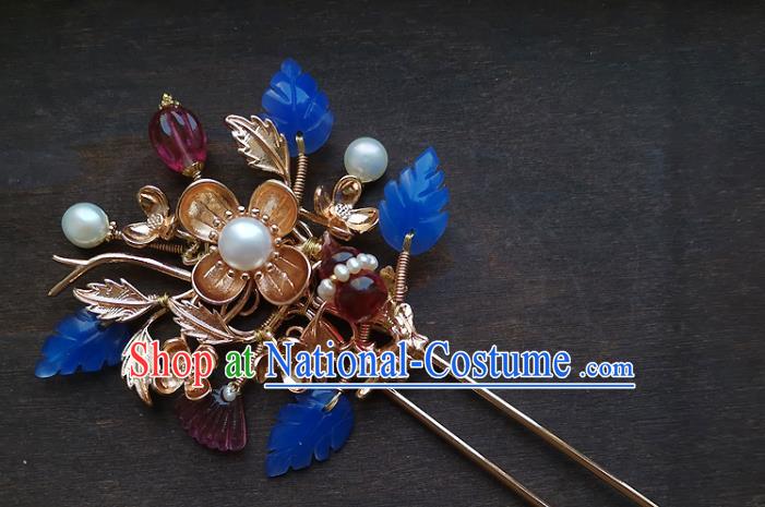 Chinese Ancient Imperial Consort Garnet Hairpin Hair Accessories Traditional Qing Dynasty Golden Plum Hair Stick