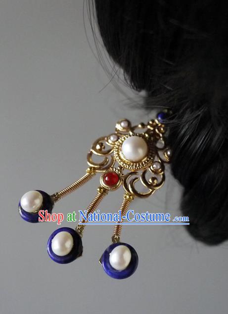 Chinese Ancient Empress Pearls Hairpin Hair Accessories Traditional Qing Dynasty Queen Golden Hair Stick