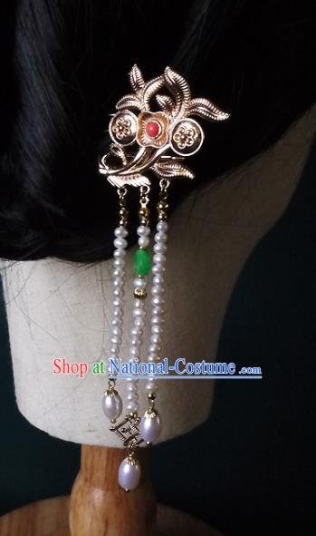 Chinese Ancient Palace Lady Pearls Tassel Hairpin Hair Accessories Traditional Song Dynasty Golden Orchids Hair Stick