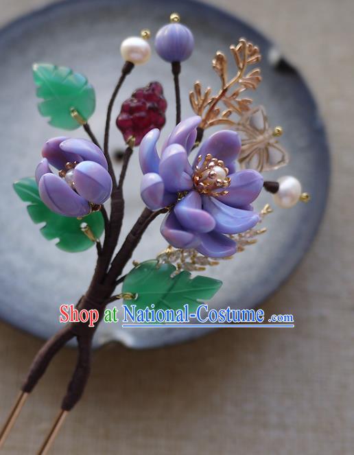 Chinese Ancient Royal Princess Purple Flowers Hairpin Traditional Ming Dynasty Palace Lady Hair Stick