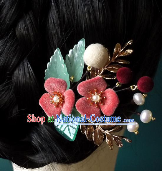 Chinese Ancient Noble Lady Pearls Hairpin Traditional Ming Dynasty Pink Flower Hair Stick