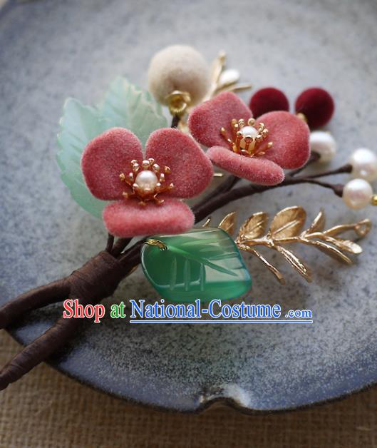 Chinese Ancient Noble Lady Pearls Hairpin Traditional Ming Dynasty Pink Flower Hair Stick