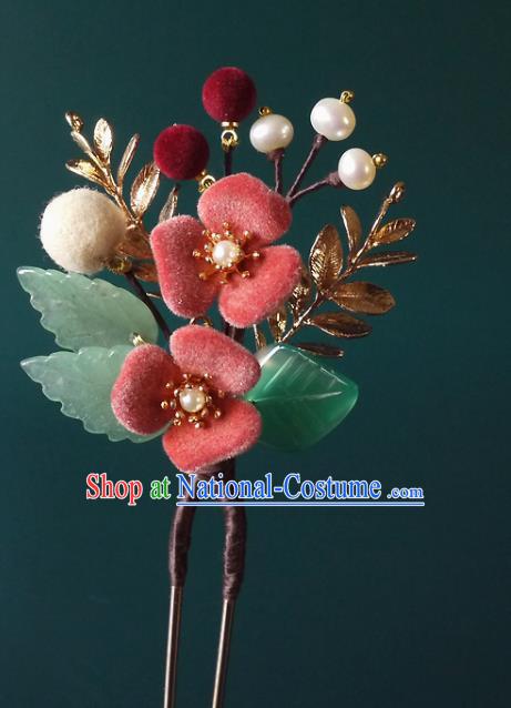 Chinese Ancient Noble Lady Pearls Hairpin Traditional Ming Dynasty Pink Flower Hair Stick