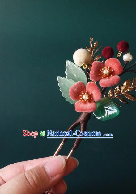 Chinese Ancient Noble Lady Pearls Hairpin Traditional Ming Dynasty Pink Flower Hair Stick