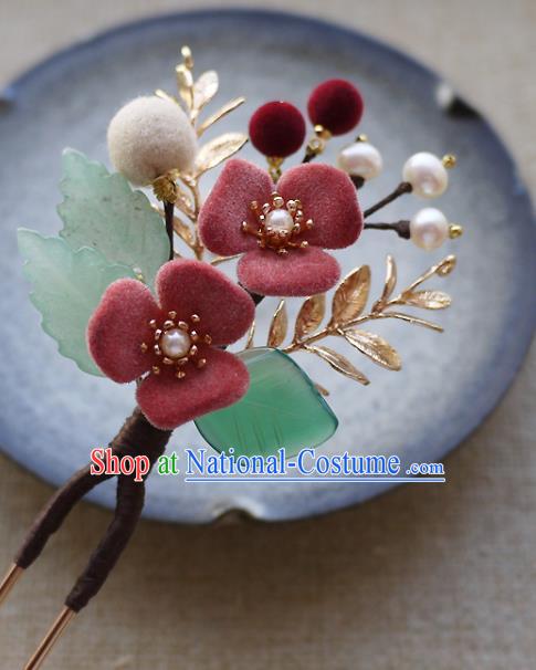 Chinese Ancient Noble Lady Pearls Hairpin Traditional Ming Dynasty Pink Flower Hair Stick