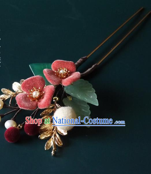 Chinese Ancient Noble Lady Pearls Hairpin Traditional Ming Dynasty Pink Flower Hair Stick