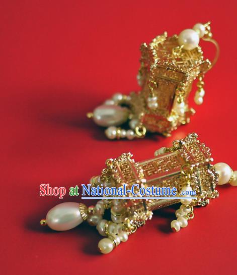 Chinese Ancient Empress Ear Accessories Traditional Ming Dynasty Golden Palace Lantern Earrings