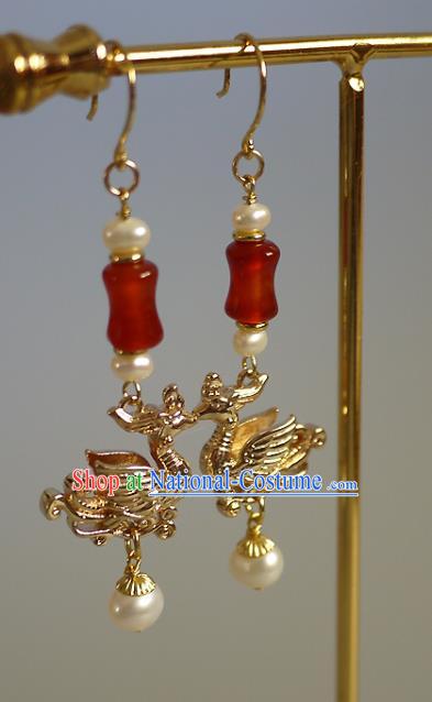 Chinese Ancient Court Woman Golden Phoenix Ear Accessories Traditional Ming Dynasty Empress Agate Pearls Earrings