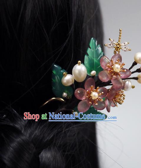 Chinese Ancient Court Lady Pearls Hairpin Traditional Ming Dynasty Princess Plum Blossom Hair Stick