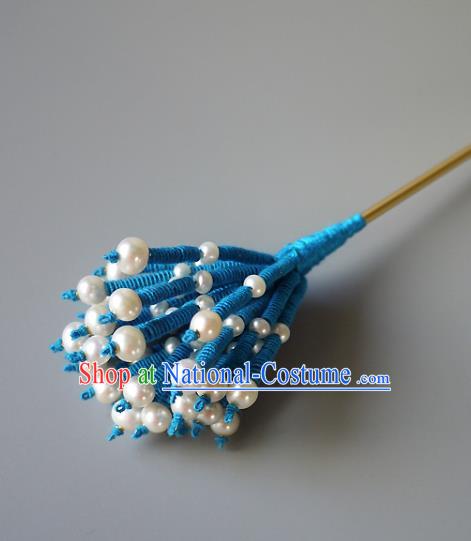 Chinese Ancient Imperial Consort Blue Hairpin Traditional Qing Dynasty Court Woman Pearls Hair Stick