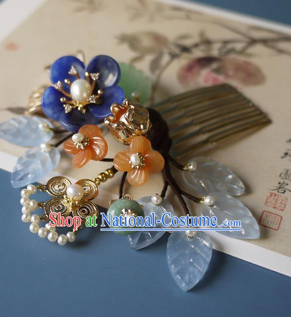 Chinese Ancient Empress Jade Hairpin Hair Accessories Traditional Qing Dynasty Imperial Consort Lapis Plum Hair Comb