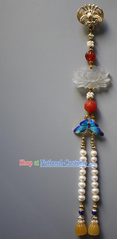 China Traditional Cheongsam Jade Lotus Accessories Ancient Qing Dynasty Pearls Tassel Brooch Pendant