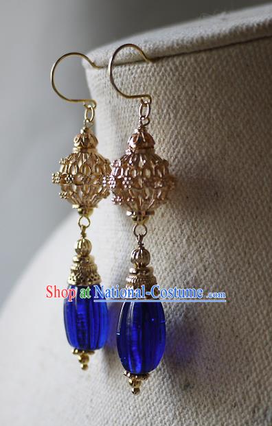 Chinese Ancient Qing Dynasty Palace Lady Ear Accessories Traditional Cheongsam Golden Lantern Earrings