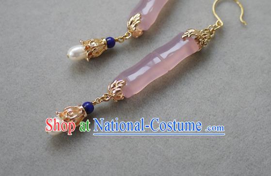 Chinese Ancient Imperial Consort Rose Quartz Ear Accessories Traditional Cheongsam Pearls Earrings