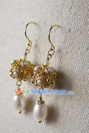 Chinese Ancient Tang Dynasty Princess Ear Accessories Traditional Cheongsam Pearls Golden Earrings