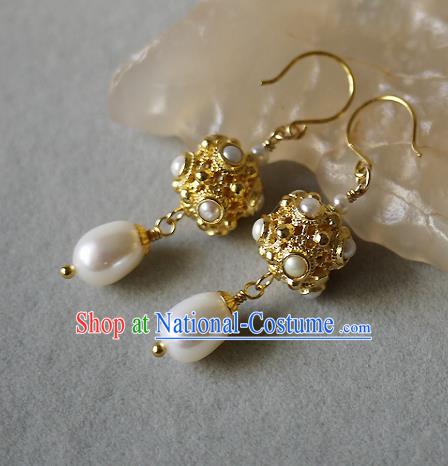 Chinese Ancient Tang Dynasty Princess Ear Accessories Traditional Cheongsam Pearls Golden Earrings