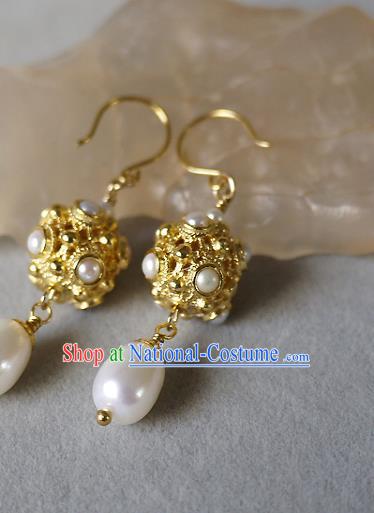 Chinese Ancient Tang Dynasty Princess Ear Accessories Traditional Cheongsam Pearls Golden Earrings